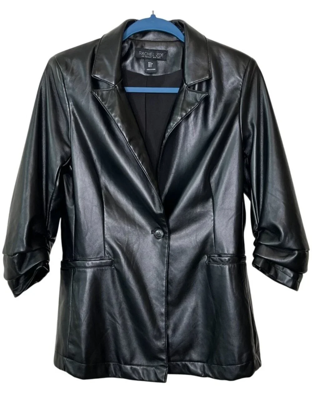 Rachel Zoe Black Faux Leather Blazer Ruched Sleeve Moto Jacket